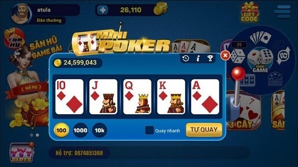 Game mini poker là kết hợp giữa Slot machine và Poker